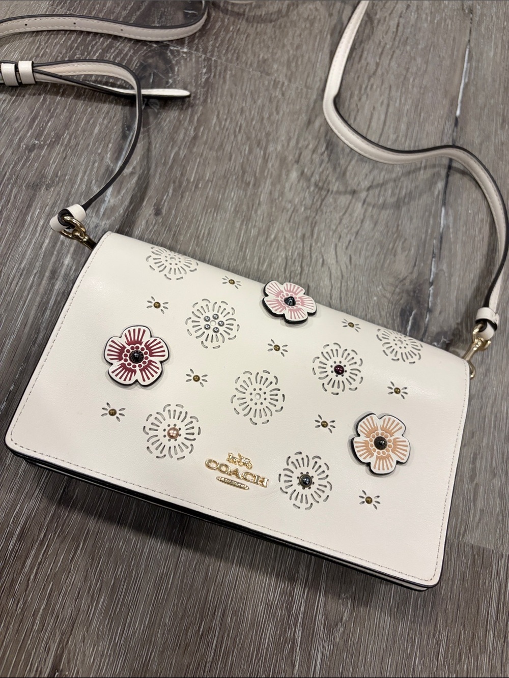 Coach White Leather Floral Appliqué Crossbody Bag with Pink and Tan Accents